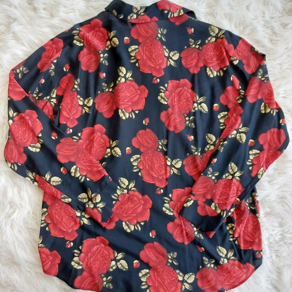 The Kooples Paris 100% Silk Women's Black and Red Rose Blouse Shirt Size 3 - Picture 3 of 9